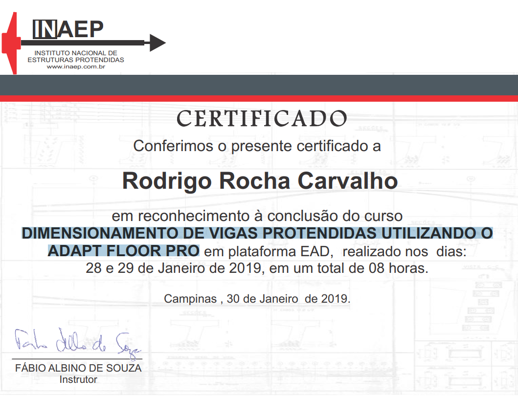 DIMENSIONAMENTO DE VIGAS PROTENDIDAS UTILIZANDO O ADAPT FLOOR PRO — Imagem do certificado
